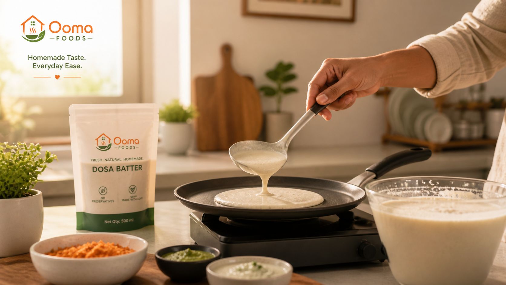 Bright kitchen with dosa batter pour