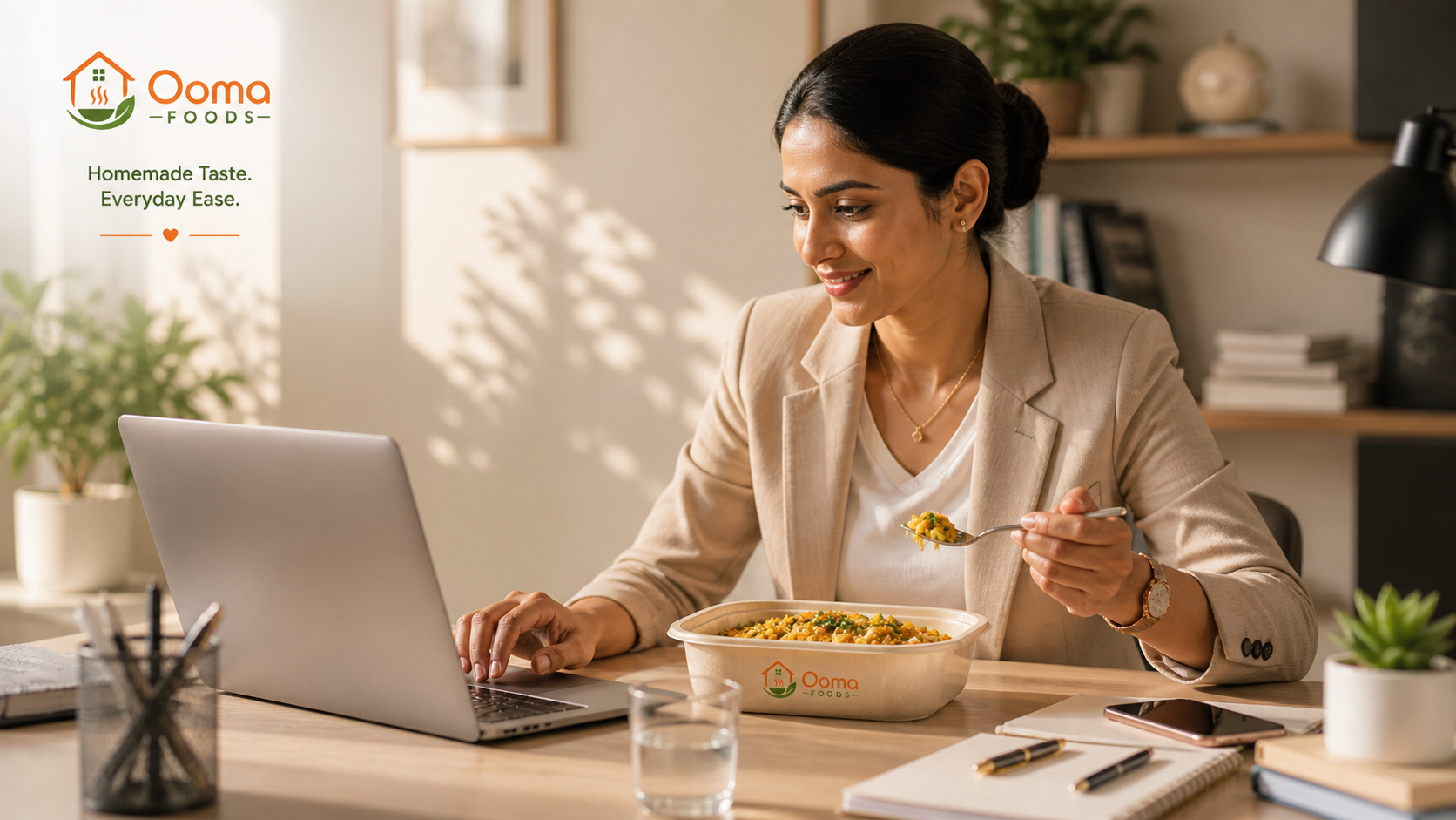 Modern workspace with Ooma Foods meal