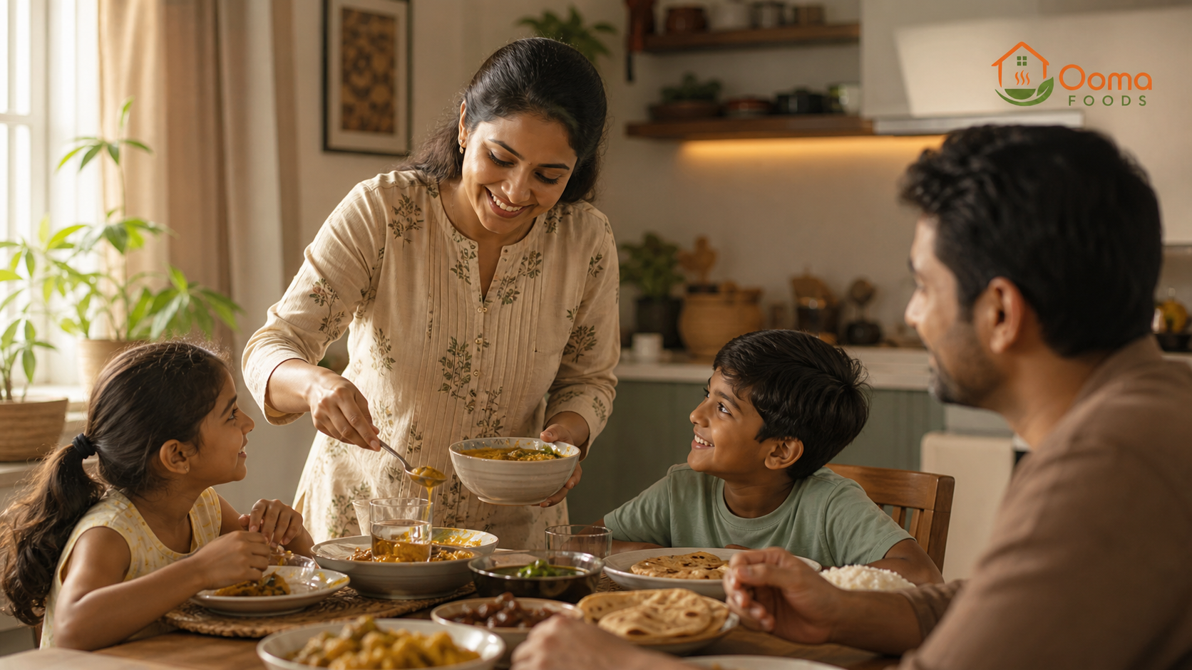 Warm family meal in cozy kitchen